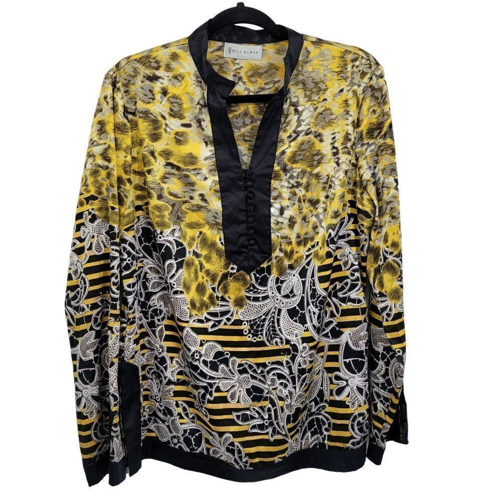 Vintage‎ Bill Blass Blouse L Black Cheetah Japanese Satin Long Sleeve Tunic Top